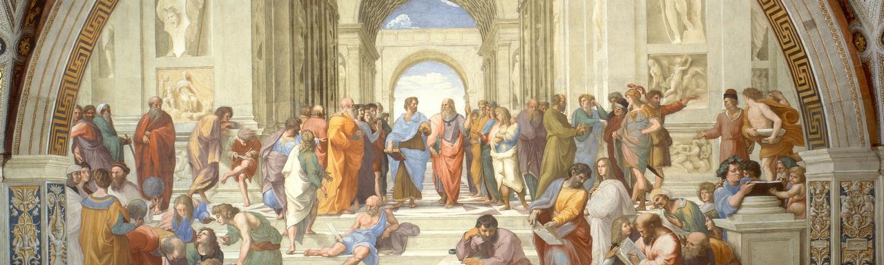 Plato, Aristotle, and other figures converse